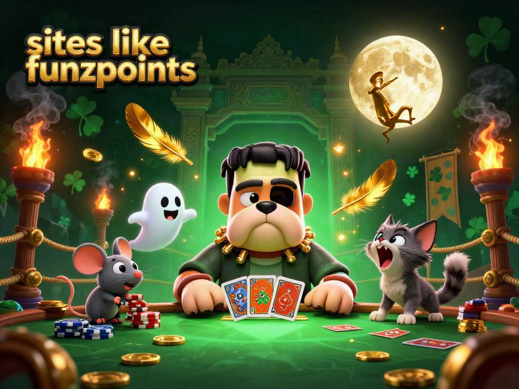 Engaging 3D scene of characters exploring sites like Funzpoints with cards and chips in vivid detail