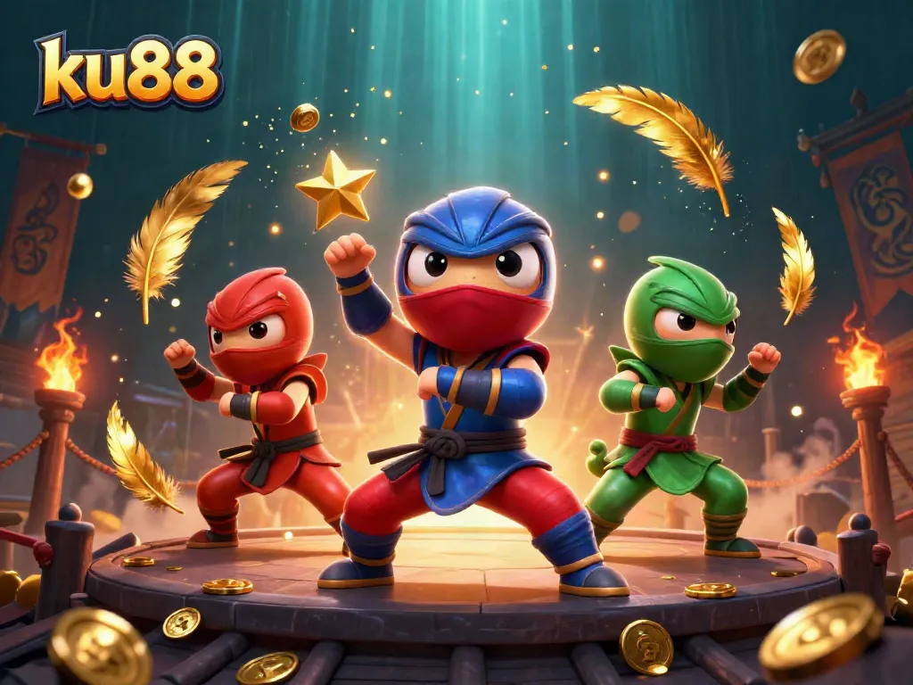 ku88 showcases a vibrant casino scene with ninja chameleons performing dynamic martial arts amid swirling gold coins.