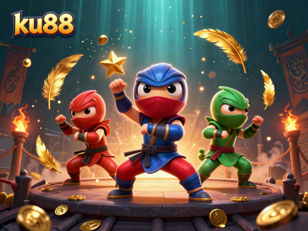 ku88 showcases a vibrant casino scene with ninja chameleons performing dynamic martial arts amid swirling gold coins.