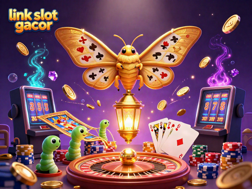 Engage with link slot gacor through a dynamic scene with a golden-winged moth, cascades of coins, and slot machine reels.