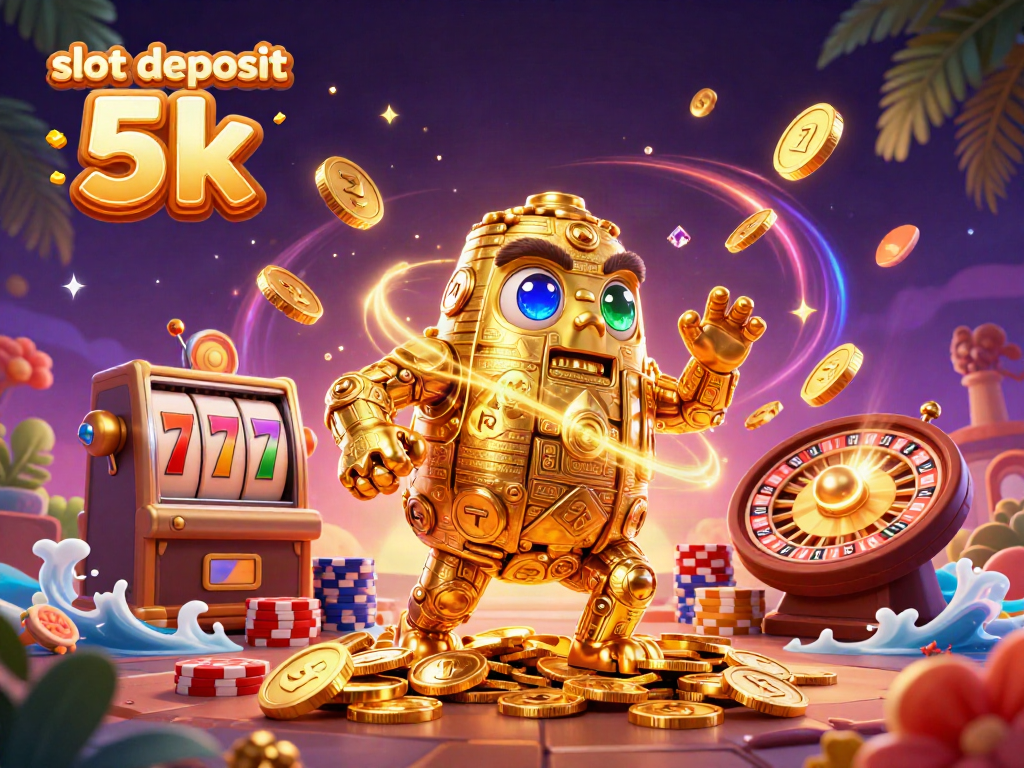 Experience the thrill at slot deposit 5k, featuring a golden golem surrounded by casino elements and dynamic action.