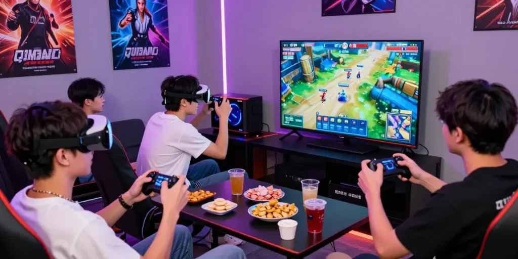 Players enjoying the QQMacan game experience in a vibrant gaming setting with snacks and a large TV display.
