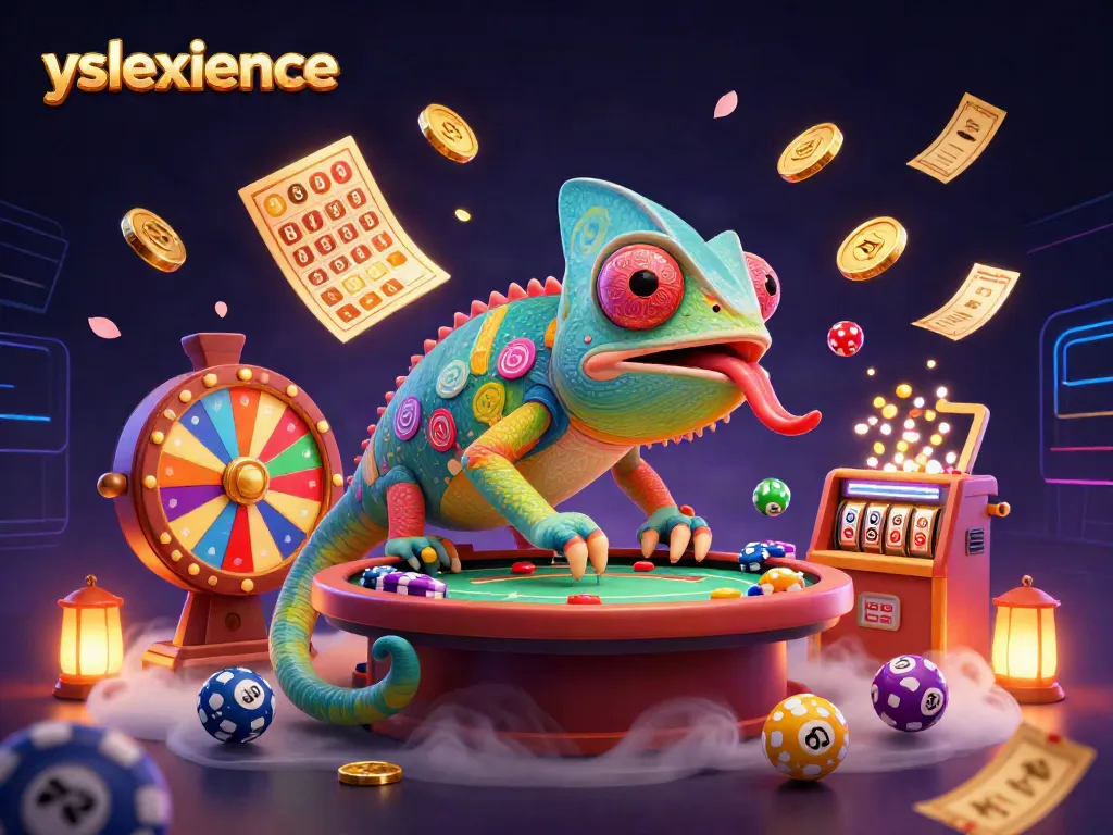 Experience yslexperience with a vibrant chameleon casino owner amidst colorful gambling elements.