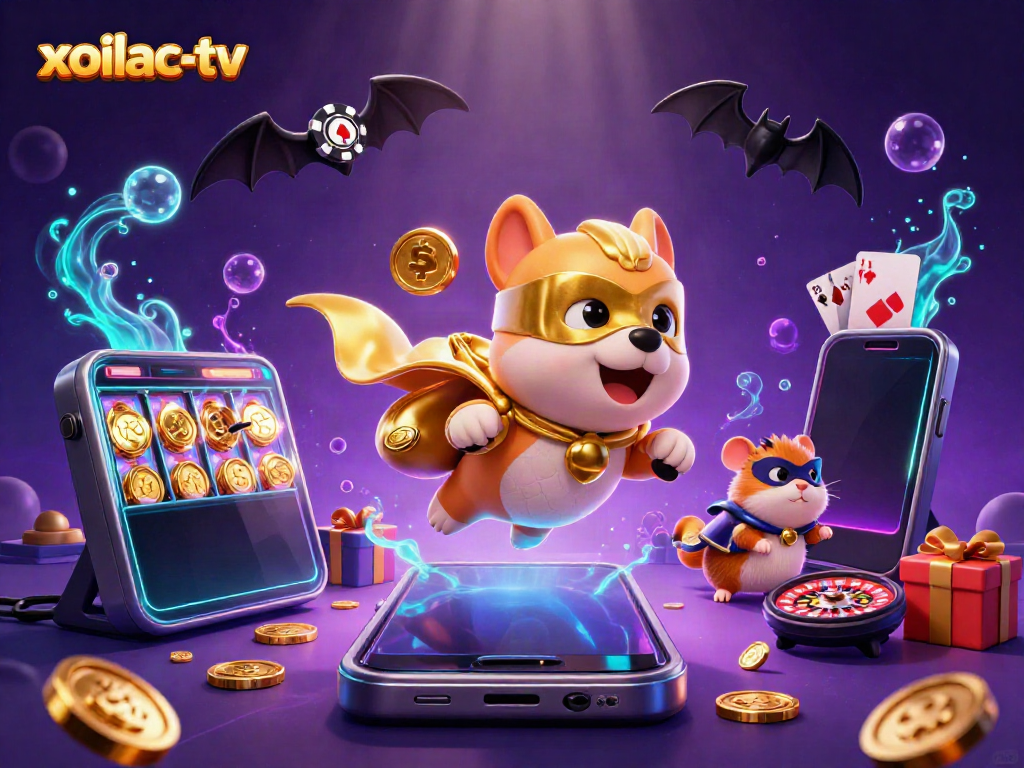 Experience thrilling moments with xoilac-tv as the superhero dog delivers gold coins amidst vibrant casino elements.