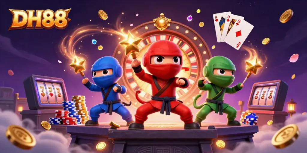 Engage in thrilling gameplay with DH88, featuring colorful chameleon ninjas and dazzling casino elements.