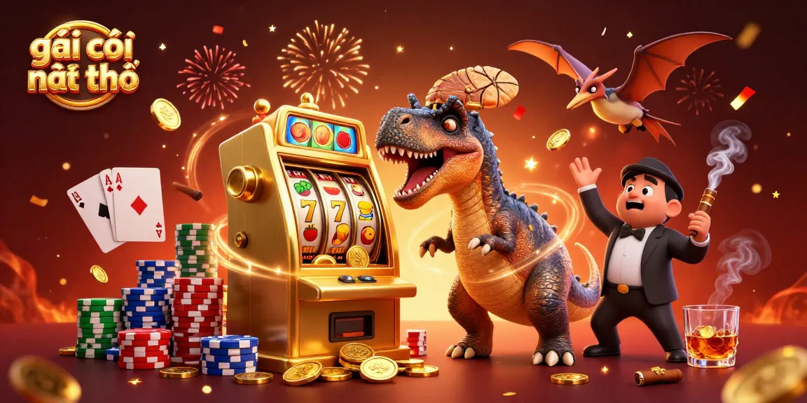 Spin for wins with gái gọi cần thơ, as a dinosaur celebrates a slot machine jackpot!