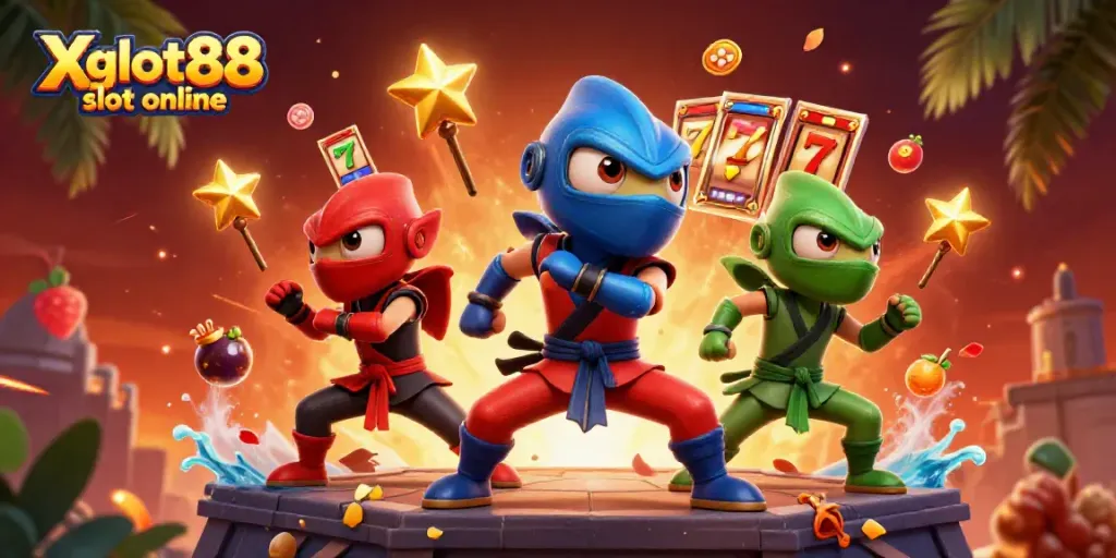 Gambar Xgslot88 slot online yang meriah dengan karakter ninja chameleon dan elemen slot yang dinamis.
