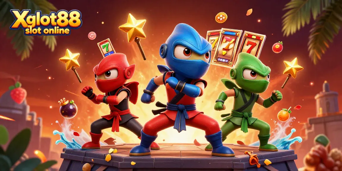 Gambar Xgslot88 slot online yang meriah dengan karakter ninja chameleon dan elemen slot yang dinamis.