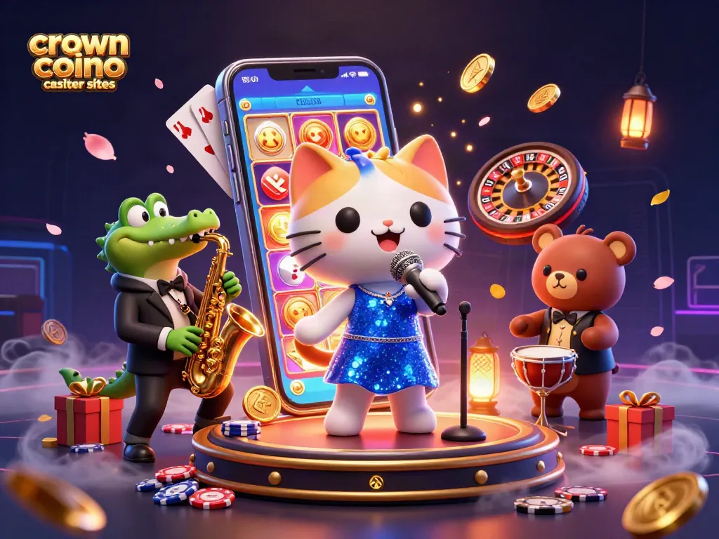 Crown coins casino sister sites featured in a vibrant 3D casino illustration with characters and casino games.