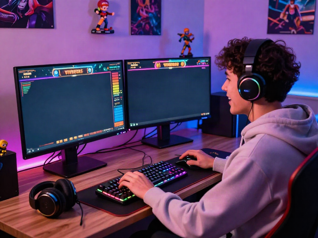 Exciting online gaming scene with akunjp logo displayed on vibrant monitors, showcasing a gamer immersed in action.