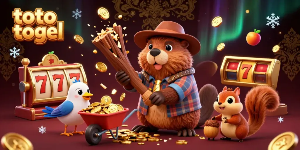 Experience the excitement of toto togel with a mesmerizing scene featuring a beaver, bird, and squirrel amidst golden coins and slot machines.