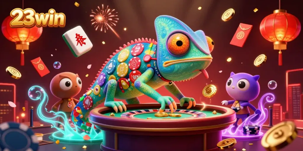 Experience 23win's vibrant casino energy with a colorful 3D chameleon owner amidst gold coins and festive elements.