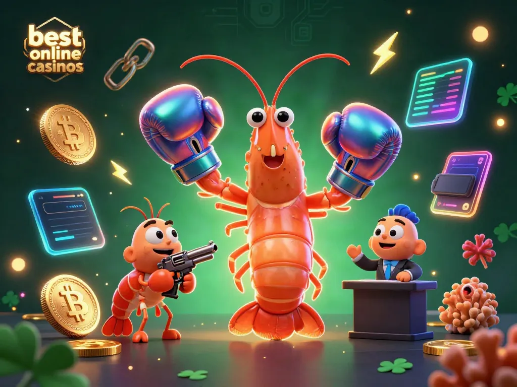 Engage with the best online casinos featuring vibrant characters and crypto elements in a 3D casino scene.