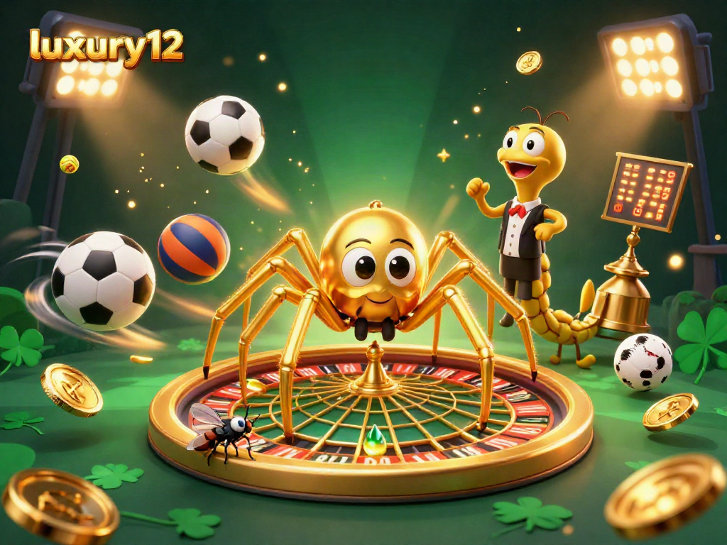 Place bets with luxury12 as a golden spider spins a roulette web in a vibrant casino scene.