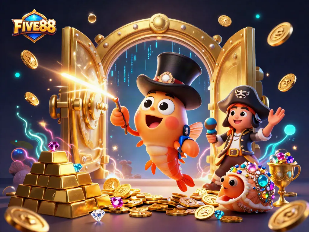 Experience the thrill of winning at FIVE88 with the anglerfish and pirate shrimp amidst golden treasures.