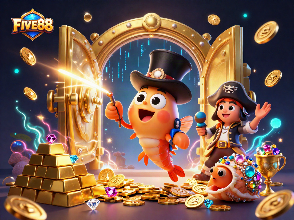 Experience the thrill of winning at FIVE88 with the anglerfish and pirate shrimp amidst golden treasures.