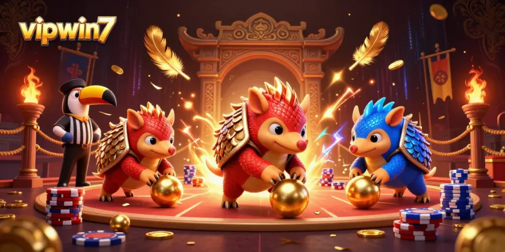 Experience vipwin7 with rival pangolins competing in a vibrant casino-themed scene.
