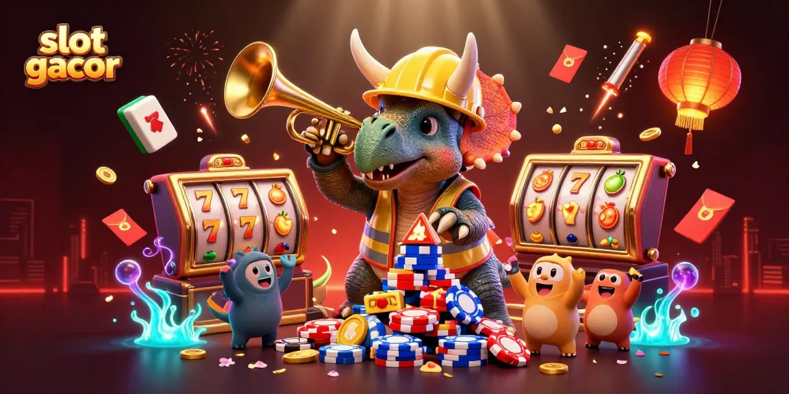Permainan slot gacor menampilkan triceratops membangun tumpukan chip poker dengan lampu latar dramatis.