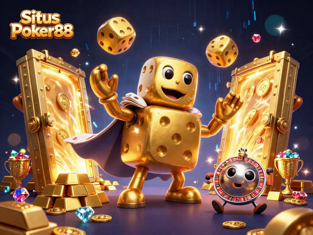 Situs Poker88 showcases an exhilarating poker scene with vibrant characters and casino elements.