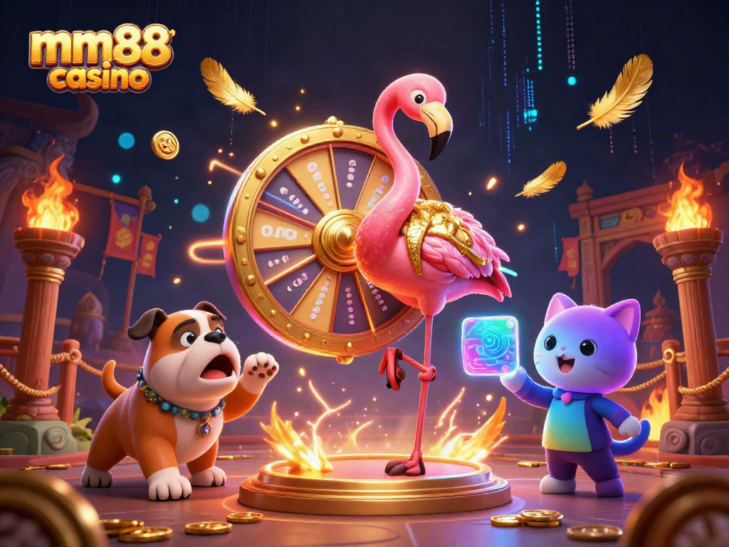 Experience thrilling gameplay at mm88 casino with dynamic scenes featuring a game show host, excited contestants, and winning prizes.