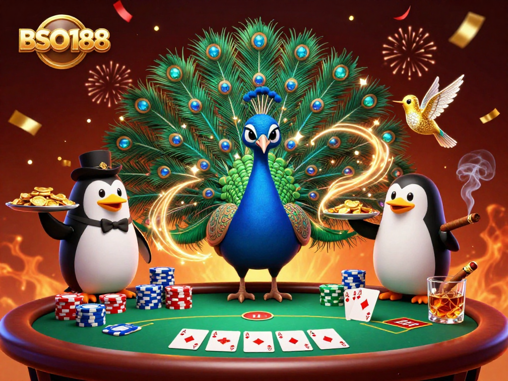 Engage with BSO188's vibrant casino scene featuring dynamic poker elements and colorful characters.