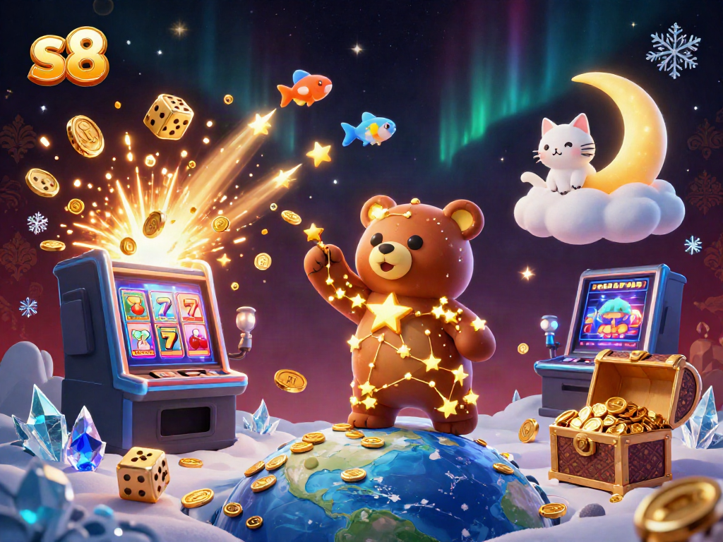 Scoop coins with the constellation bear in a vibrant casino-themed 3D scene featuring s8