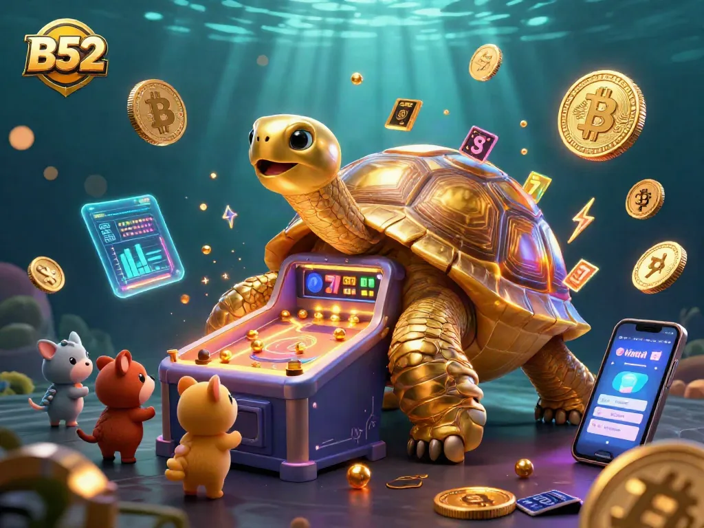 Experience the thrill of B52 gaming with a colossal tortoise pinball machine in a vibrant casino scene.
