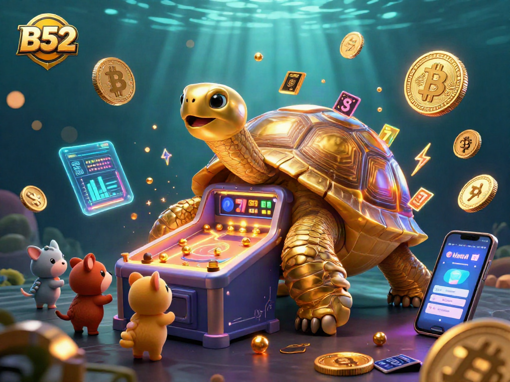 Experience the thrill of B52 gaming with a colossal tortoise pinball machine in a vibrant casino scene.
