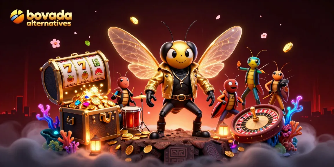 Experience bovada alternatives with vibrant characters set amidst casino elements like slot reels and a roulette wheel.