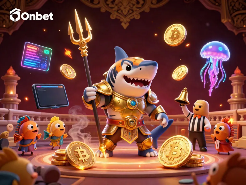 Experience thrilling gameplay at Onbet with a fierce tiger shark in battle, set in an underwater casino arena.