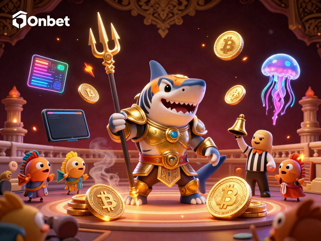 Experience thrilling gameplay at Onbet with a fierce tiger shark in battle, set in an underwater casino arena.