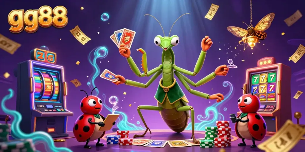 Engage in thrilling gameplay at gg88 with a 3D mantis dealer, vibrant slot elements, and lucky symbols in action.