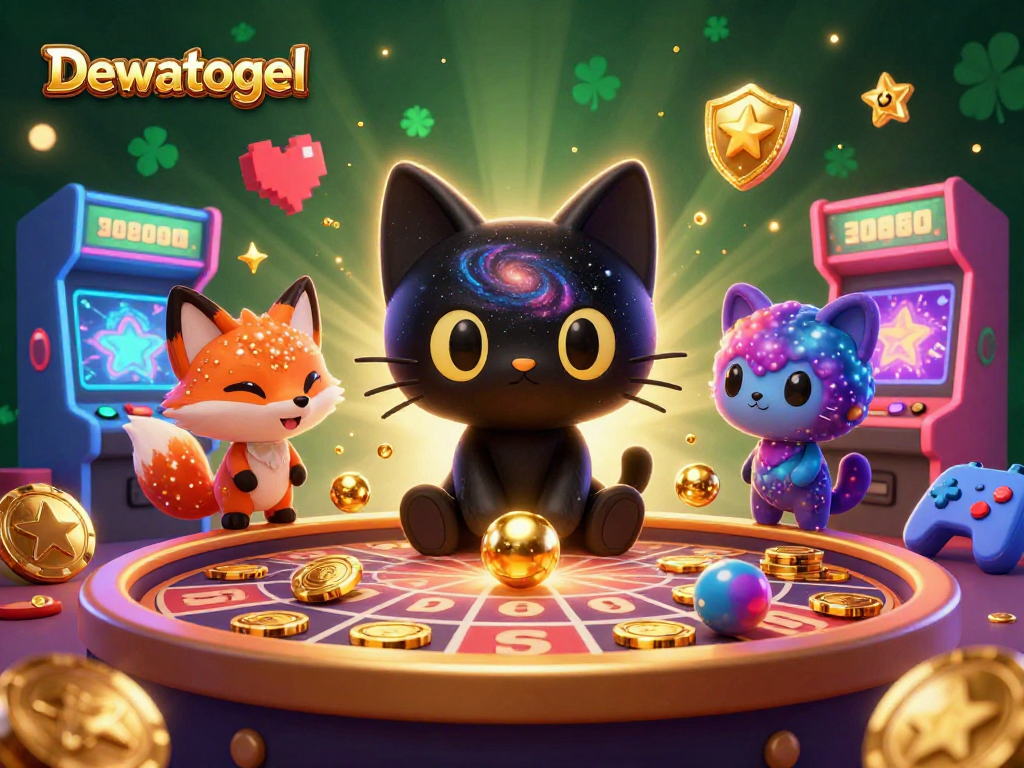 Dewatogel menarik chip emas dan bola lotere di meja kosmik, menghadirkan keseruan permainan lotere online.