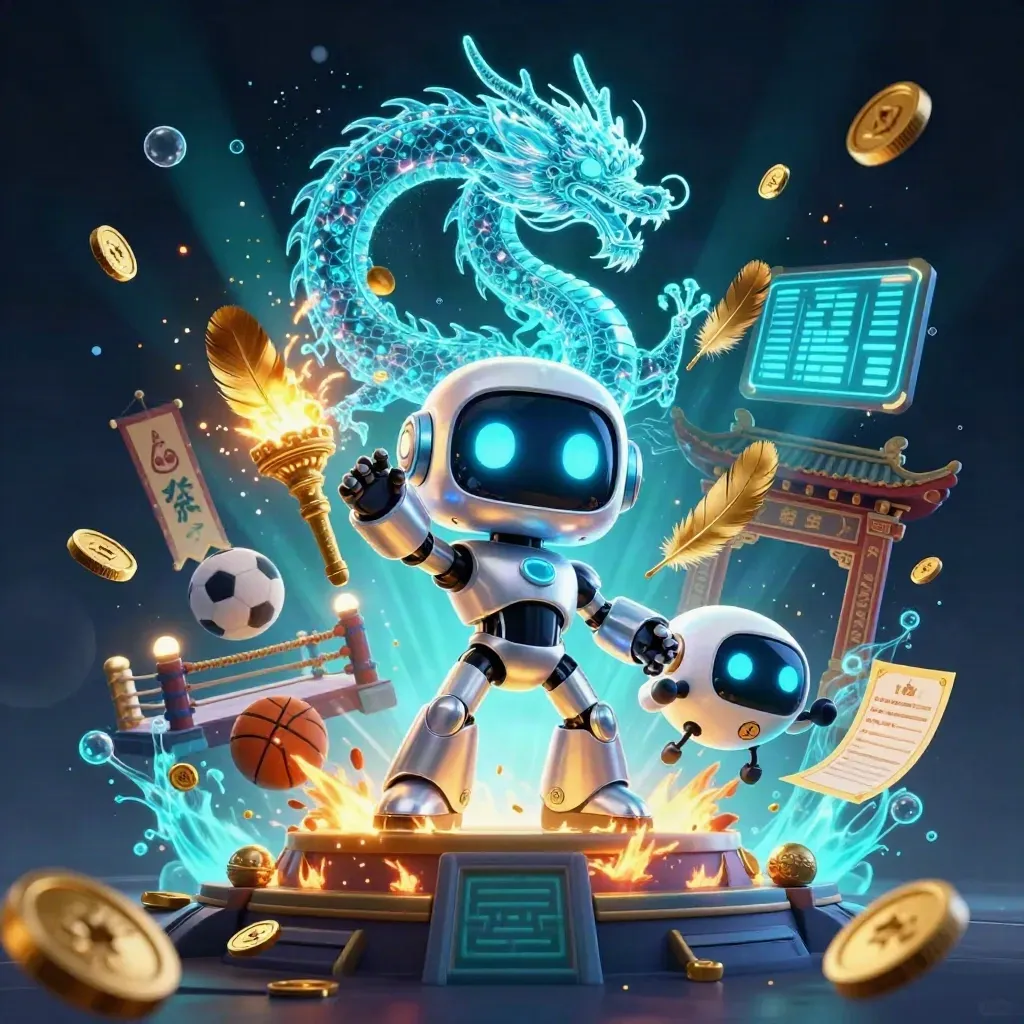 Cyberpunk robot, holographic dragon, and coin drone amid casino treasure and neon ocean glow.