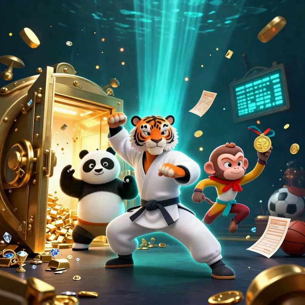 Tiger, panda, and monkey in a vault-burst casino splash with gold, balls, and cyan glow