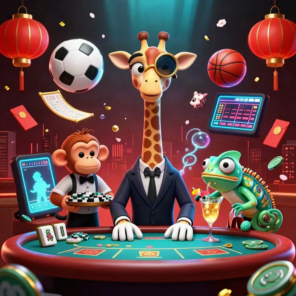 Giraffe, monkey, and chameleon in a luxe casino scene with floating sports balls and neon effects.