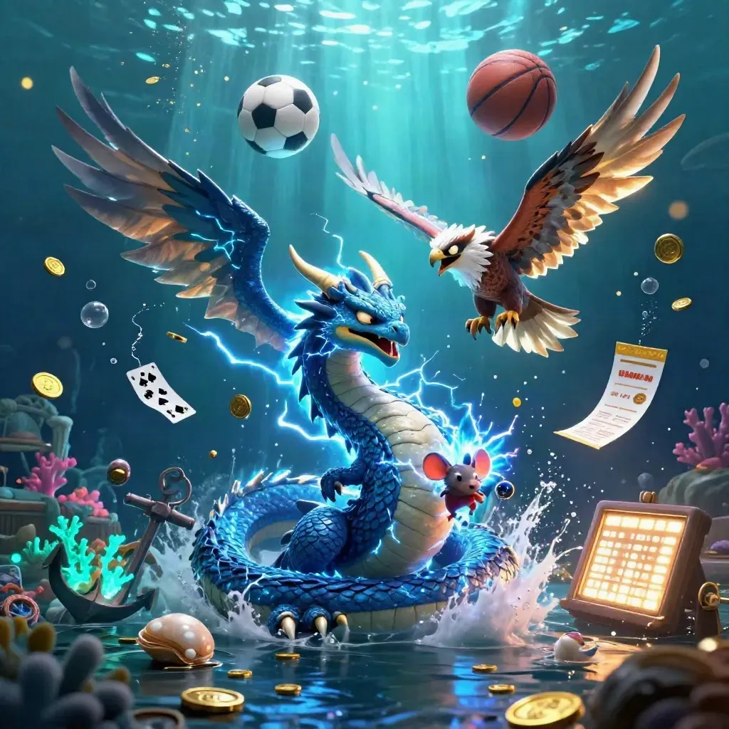 Thunder dragon, wind hawk, and static mouse amid coins, coral, cards, and glowing sports balls underwater.