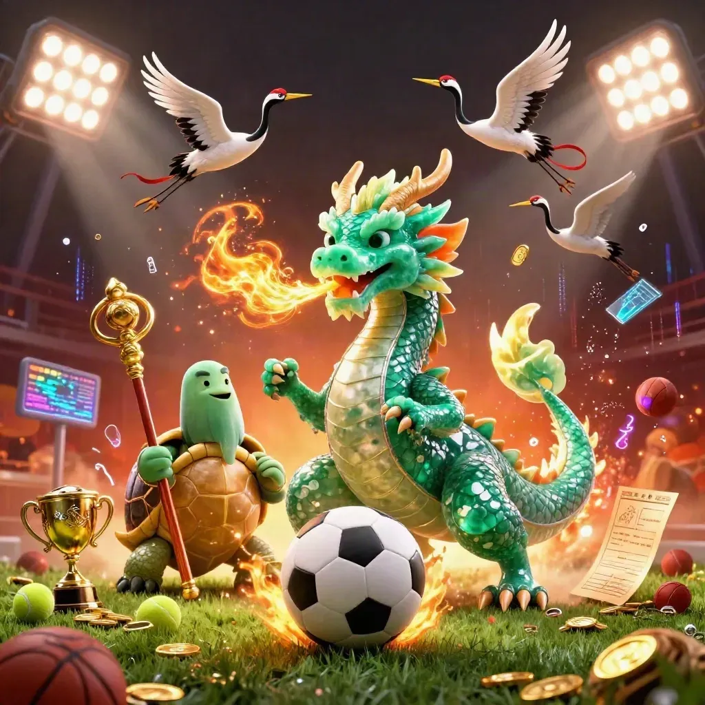 Jade dragon, turtle sage, and cranes amid flying sports balls, gold fire, and casino lights
