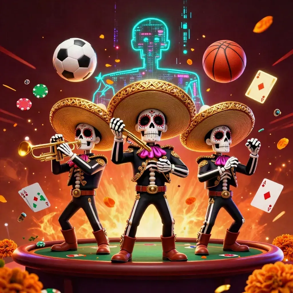Day-of-the-Dead skeleton mariachi trio amid casino chips, cards, balls, neon glow and ember haze