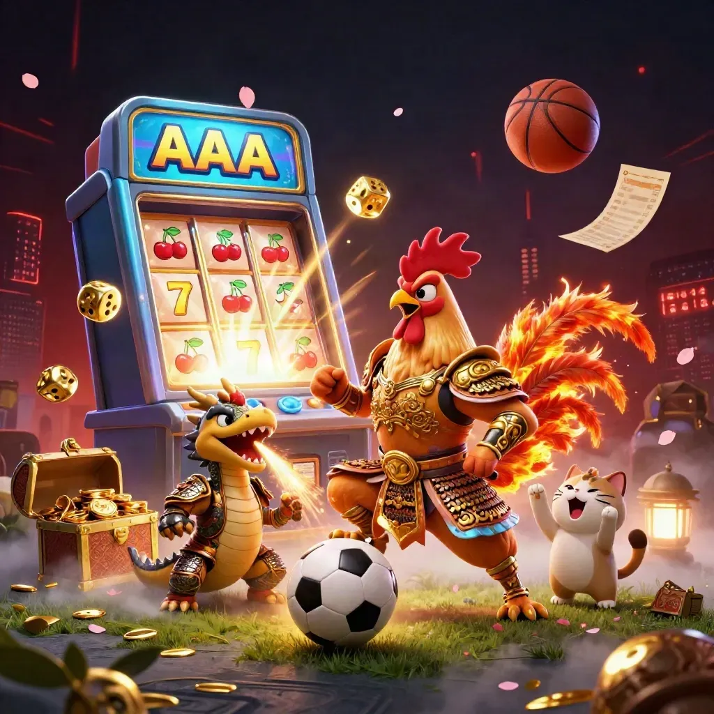Rooster warrior, dragon hatchling and fortune cat amid slot burst, soccer ball, basketball and gold.