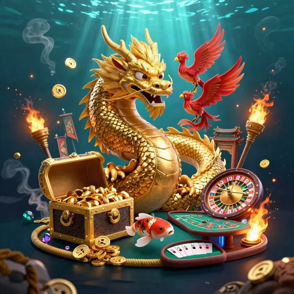 Golden dragon, phoenix, koi, and casino relics in a luxe underwater neon tableau.