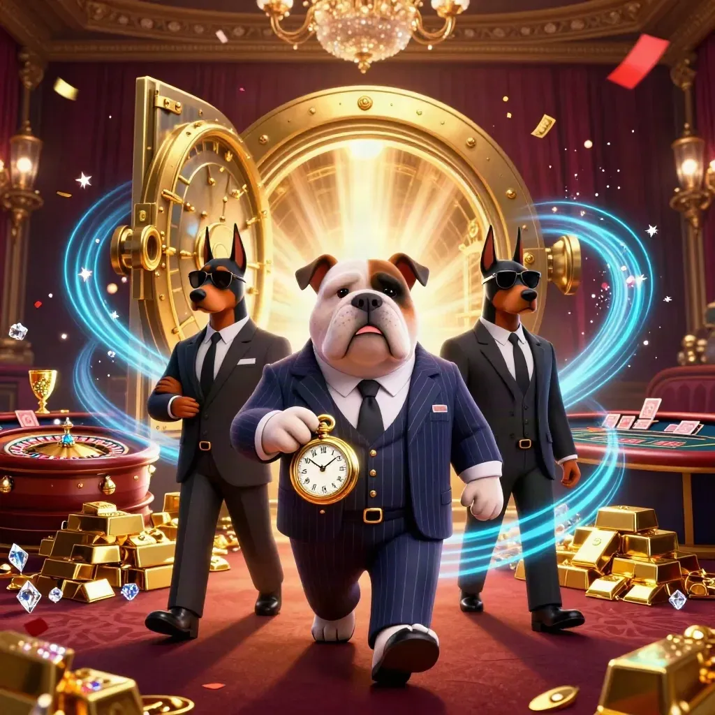 Bulldog boss and Doberman guards in a luxe casino vault with gold, gems, and chandelier glow.