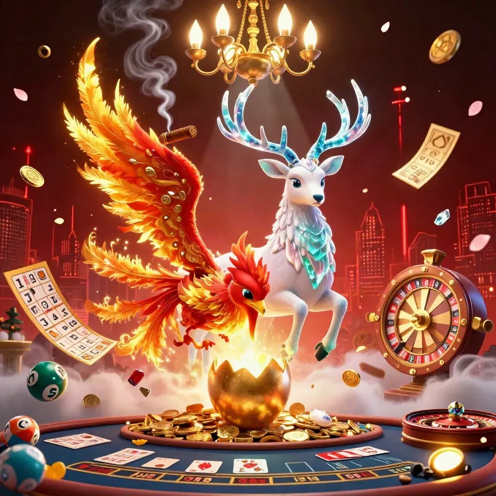 Fire phoenix, hatching chick, and crystal stag amid casino effects and red skyline