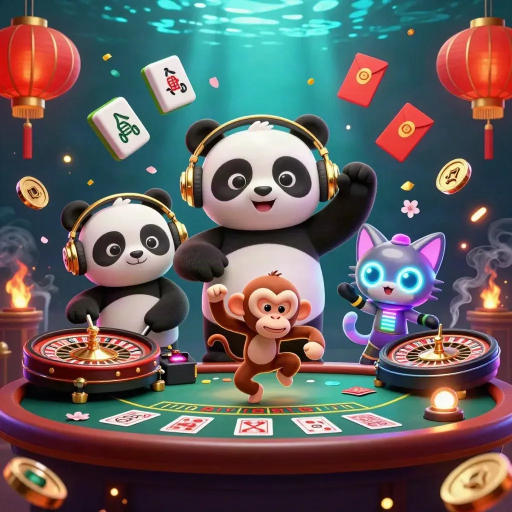 Three cartoon casino heroes on a neon stage amid lanterns, jade coins, smoke, and a spinning wheel.
