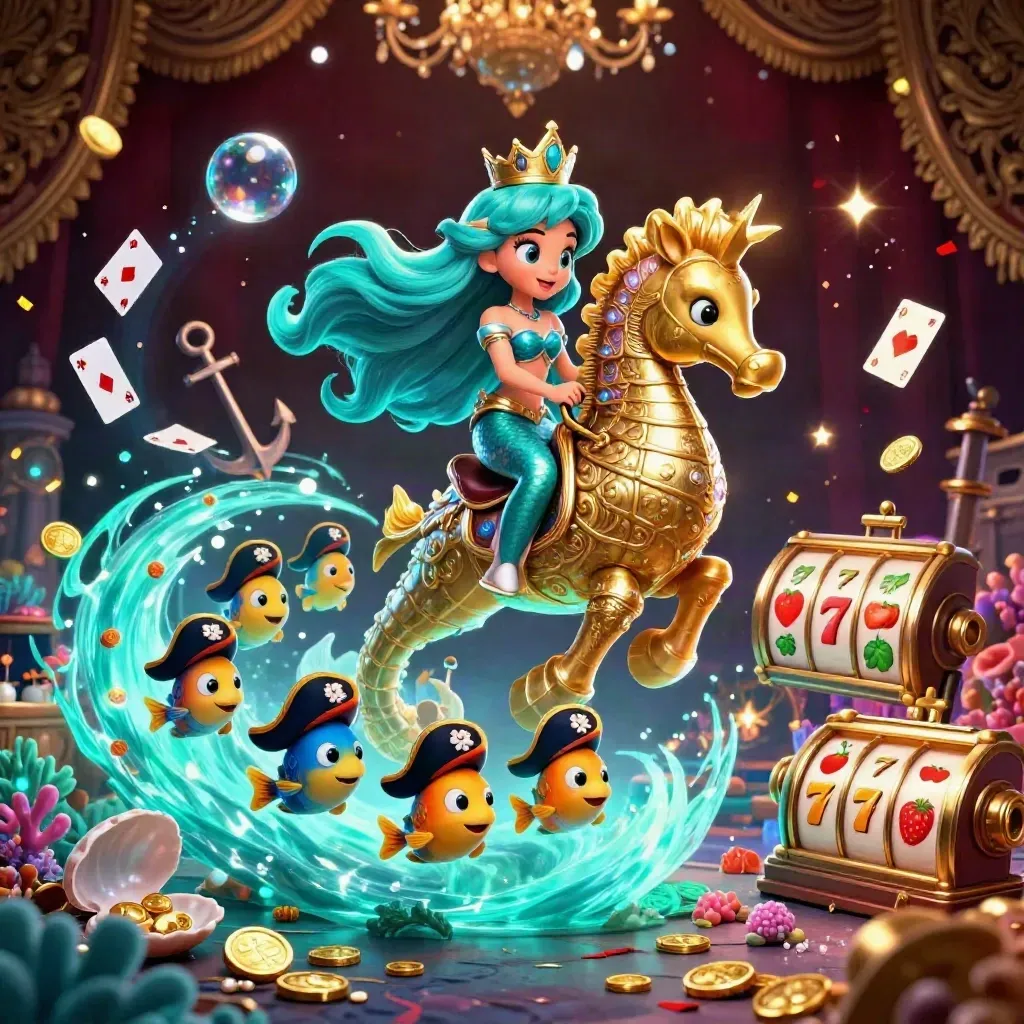 Mermaid princess rides an armored seahorse through a cyan treasure cove with coins, cards, and pirate fish.