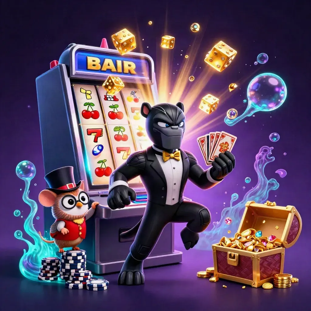 Panther, owl and mouse burst around a glowing slot machine with treasure, chips and dice