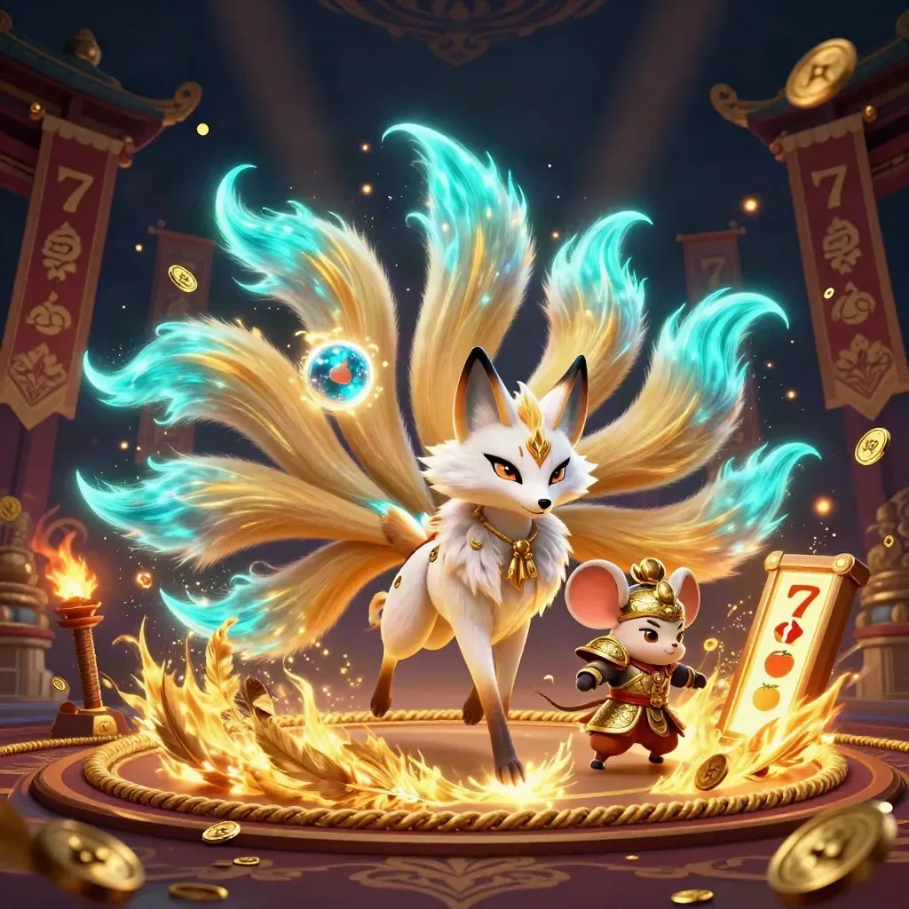 Neon nine-tailed fox spirit and samurai mouse amid gold coins, temple gate, and casino magic.