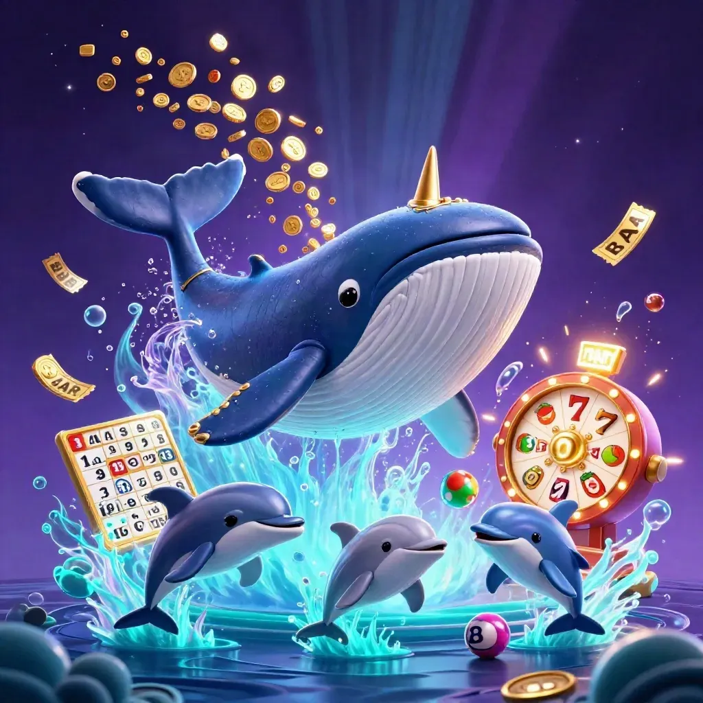 Whale captain, narwhal, and dolphins bursting coins, lotto balls, prize wheel, and glowing casino effects.