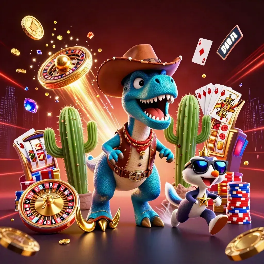 Cowboy T-Rex, cactus sidekick, and sheriff roadrunner amid coins, chips, cards, and neon energy.