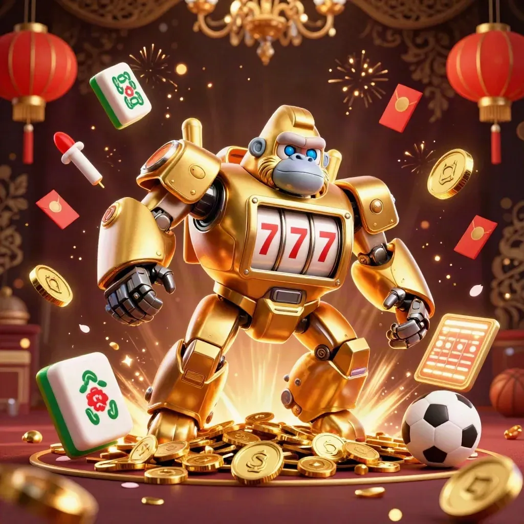 Golden gorilla mech bursts with coins, lanterns, fireworks, and casino-sports icons in luxe dark backdrop.